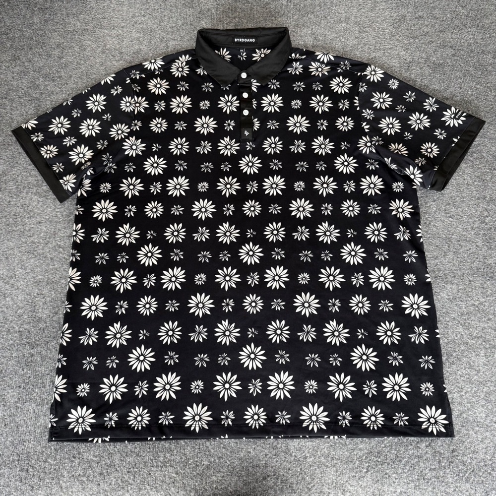 Byrdgang Mens Floral‎ Daisy Polo Shirt 2XL Black White Short Sleeve Stretch Top